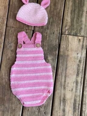 Handmade Piglet Crochet Baby Romper with Hat